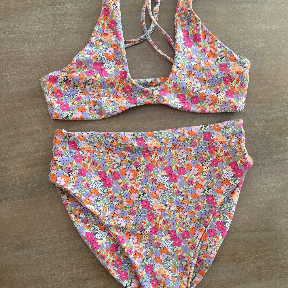 Skatie Floral High-Waist Bikini Set in Pink and Orange
